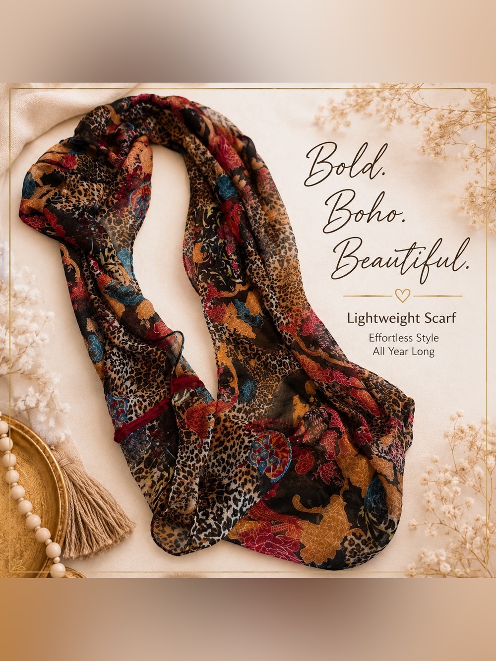 Lightweight Leopard & Floral Patchwork Oblong Scarf. Boho Chic Wrap